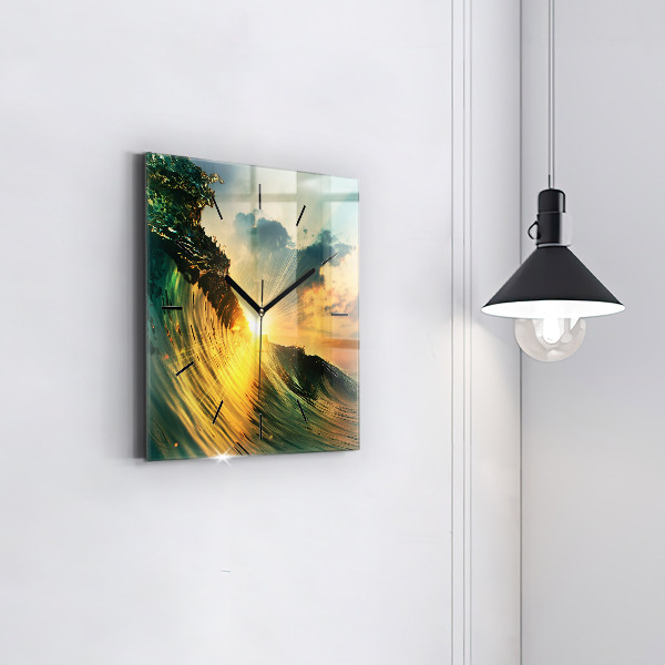 Square glass wall clock Waves Sunset Perspective
