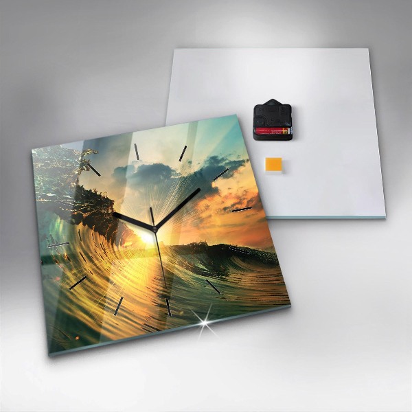 Square glass wall clock Waves Sunset Perspective
