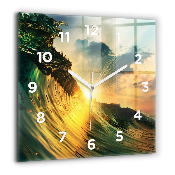 Square glass wall clock Waves Sunset Perspective