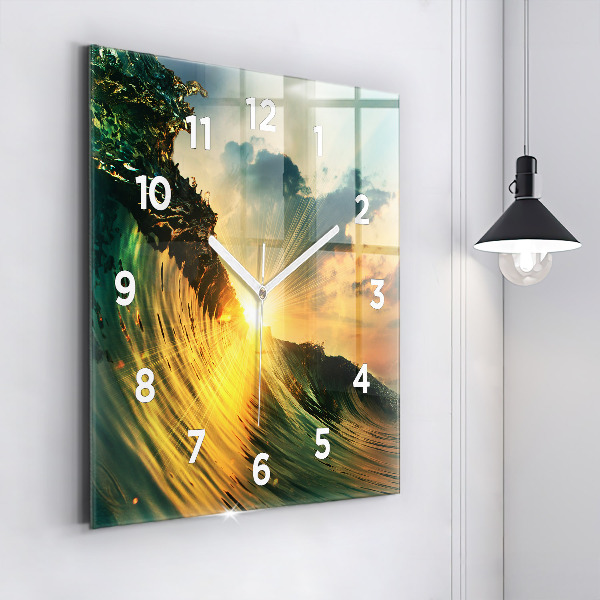 Square glass wall clock Waves Sunset Perspective