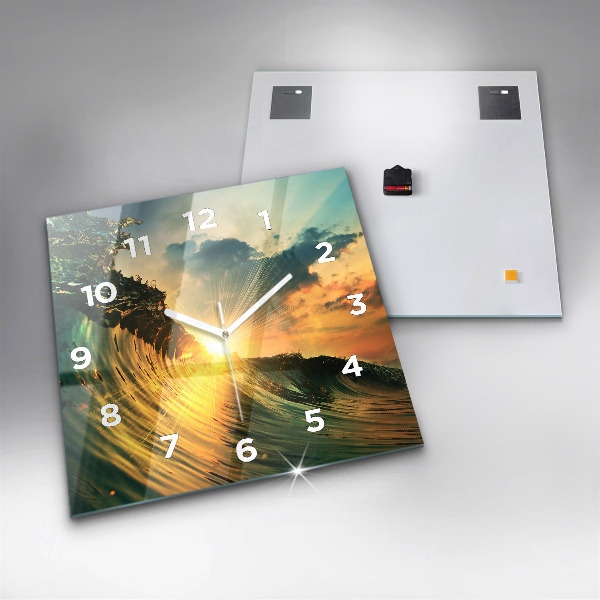 Square glass wall clock Waves Sunset Perspective