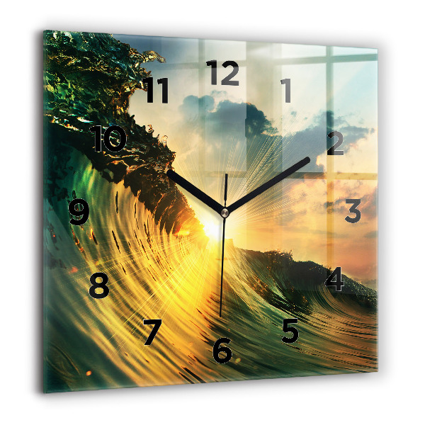 Square glass wall clock Waves Sunset Perspective