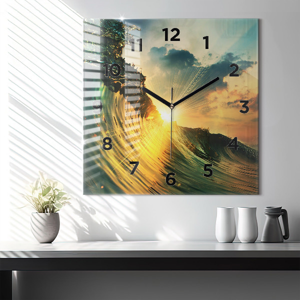 Square glass wall clock Waves Sunset Perspective