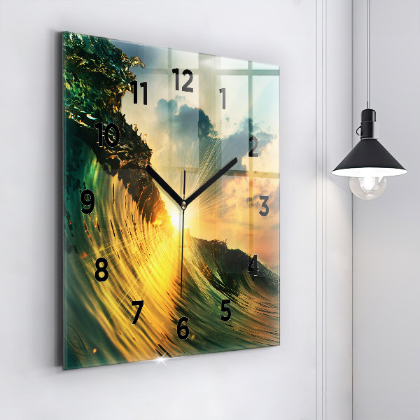 Square glass wall clock Waves Sunset Perspective