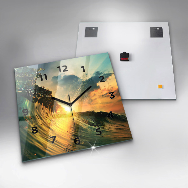 Square glass wall clock Waves Sunset Perspective