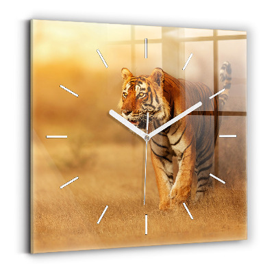 Square glass wall clock Hunting Tiger