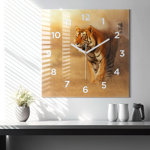 Square glass wall clock Hunting Tiger