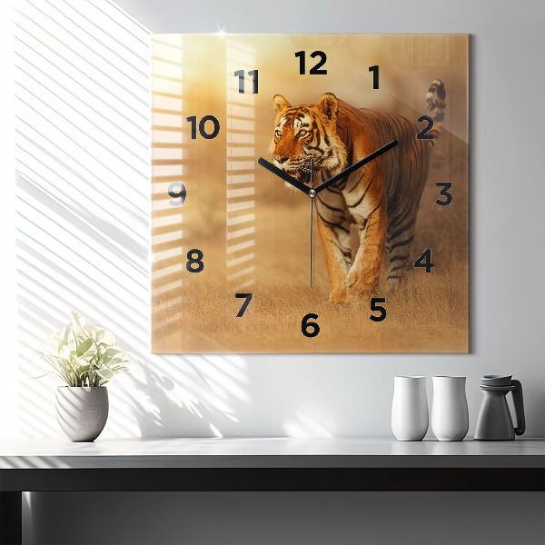 Square glass wall clock Hunting Tiger