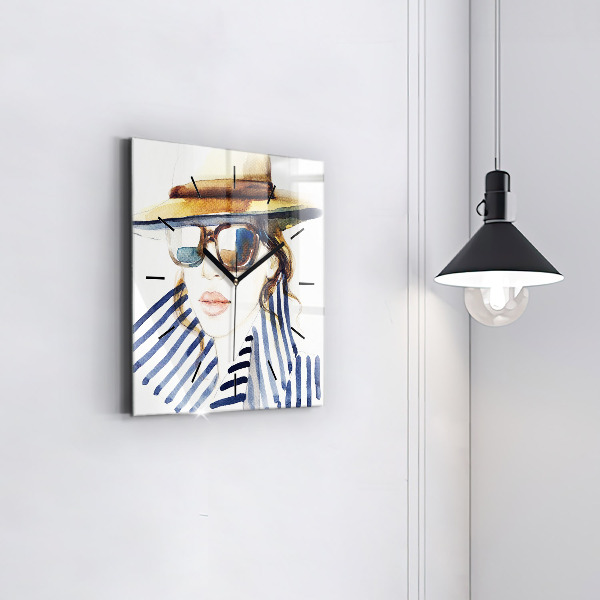 Square glass wall clock Face with glasses and hat
