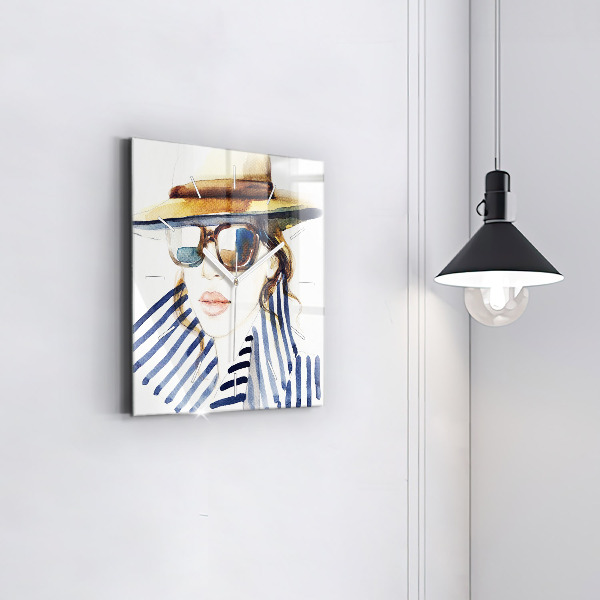 Square glass wall clock Face with glasses and hat