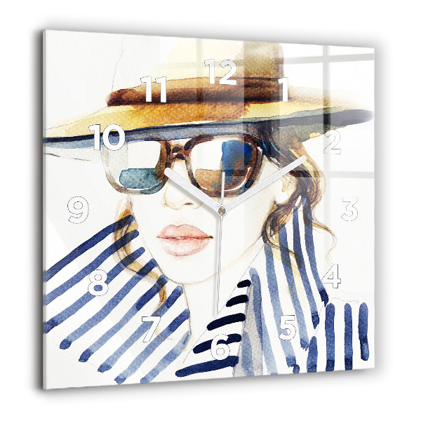 Square glass wall clock Face with glasses and hat