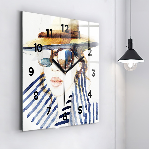 Square glass wall clock Face with glasses and hat