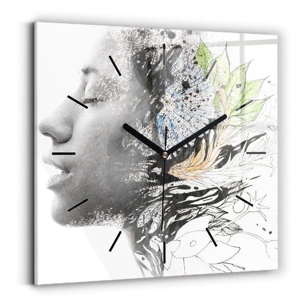 Square glass wall clock Abstract woman's face