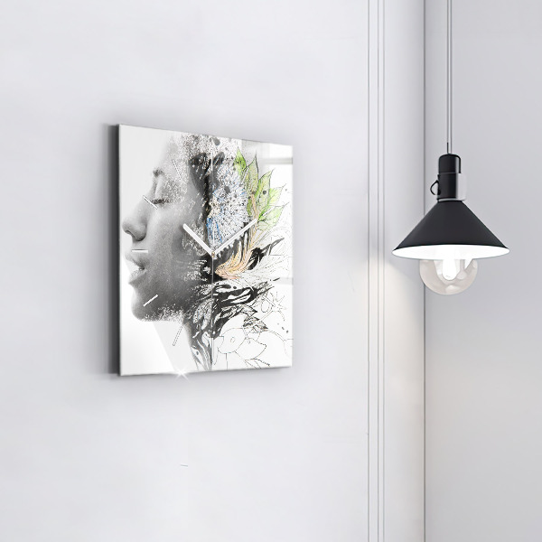 Square glass wall clock Abstract woman's face