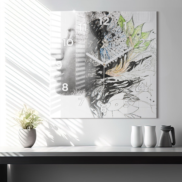 Square glass wall clock Abstract woman's face