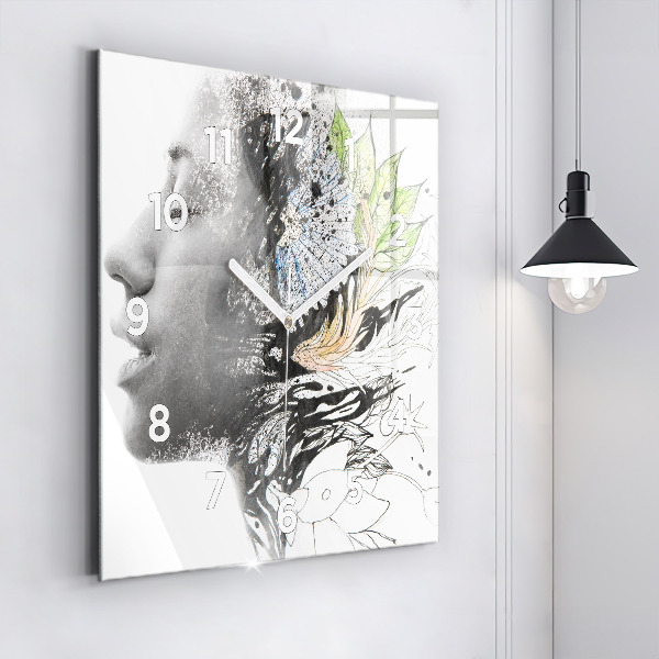 Square glass wall clock Abstract woman's face