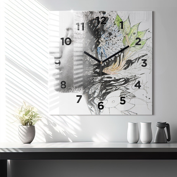 Square glass wall clock Abstract woman's face