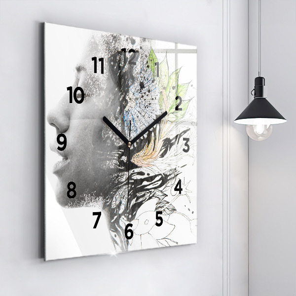 Square glass wall clock Abstract woman's face