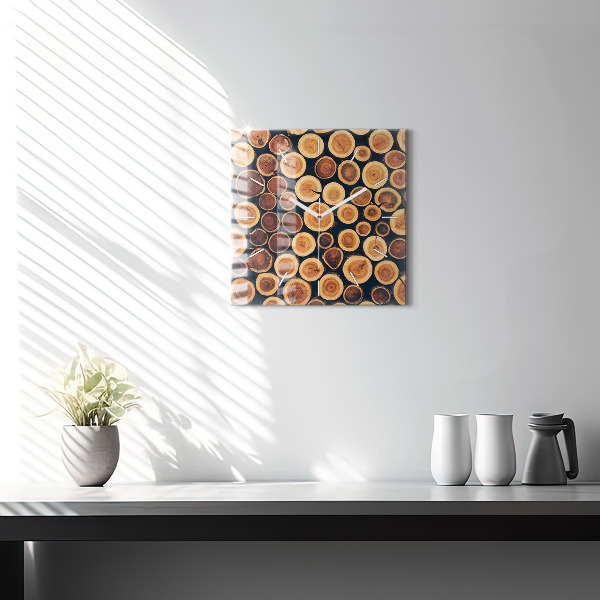 Square glass wall clock Wood