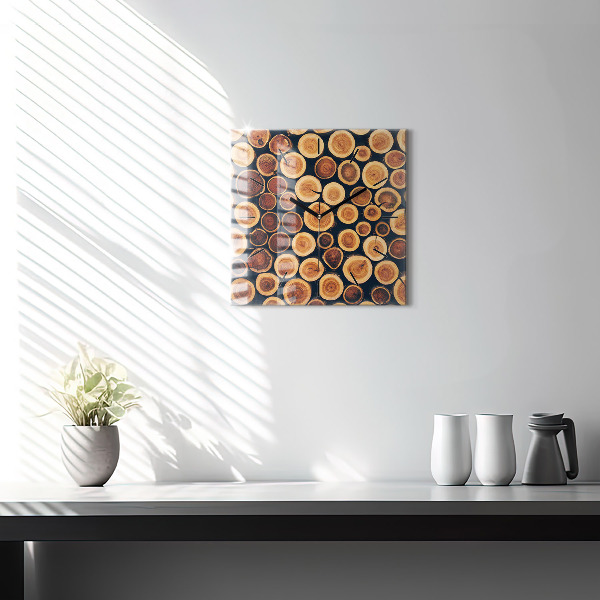 Square glass wall clock Wood