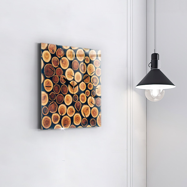 Square glass wall clock Wood