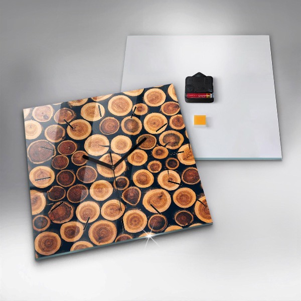 Square glass wall clock Wood