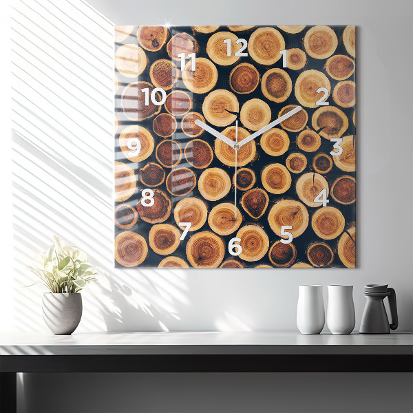 Square glass wall clock Wood