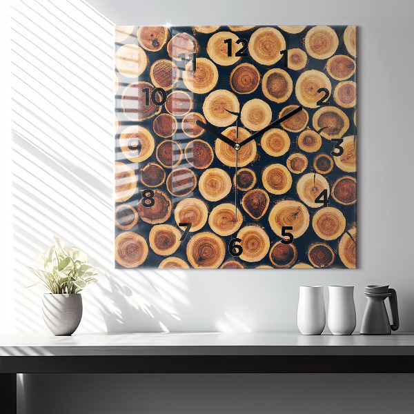 Square glass wall clock Wood