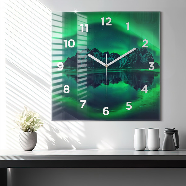 Square glass wall clock Northern lights