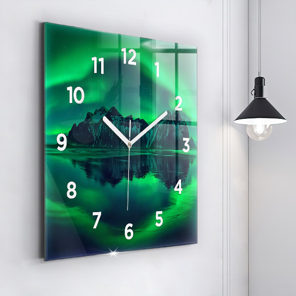Square glass wall clock Northern lights