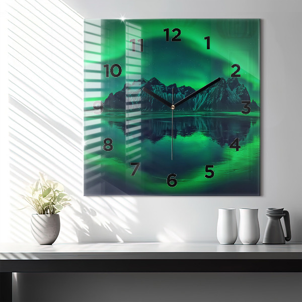 Square glass wall clock Northern lights