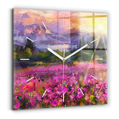 Square glass wall clock Meadow in the sunset