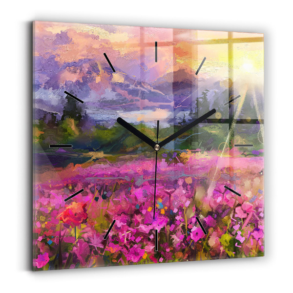 Square glass wall clock Meadow in the sunset