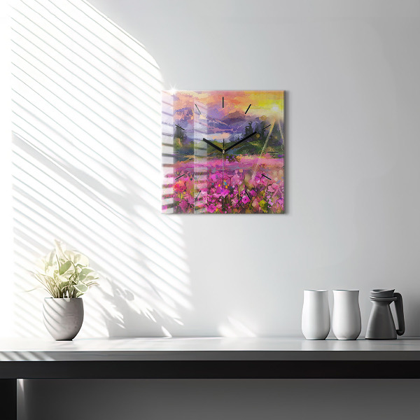 Square glass wall clock Meadow in the sunset
