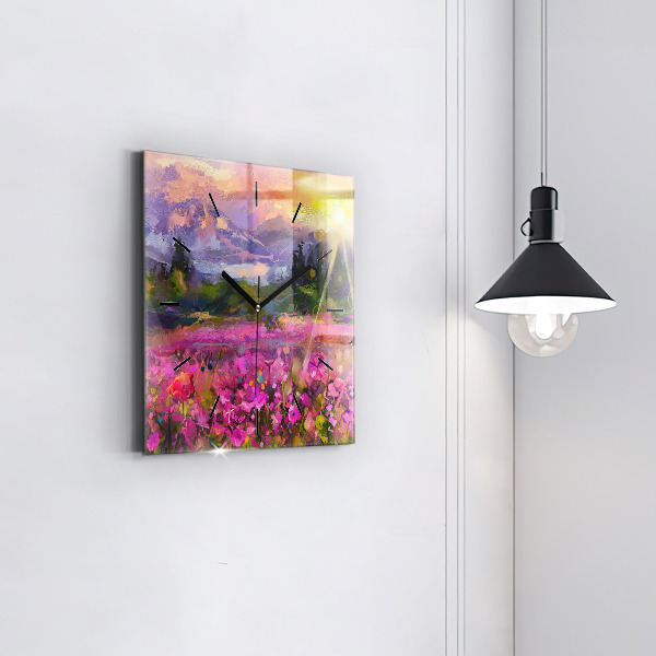 Square glass wall clock Meadow in the sunset