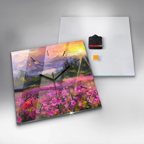 Square glass wall clock Meadow in the sunset
