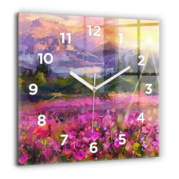 Square glass wall clock Meadow in the sunset