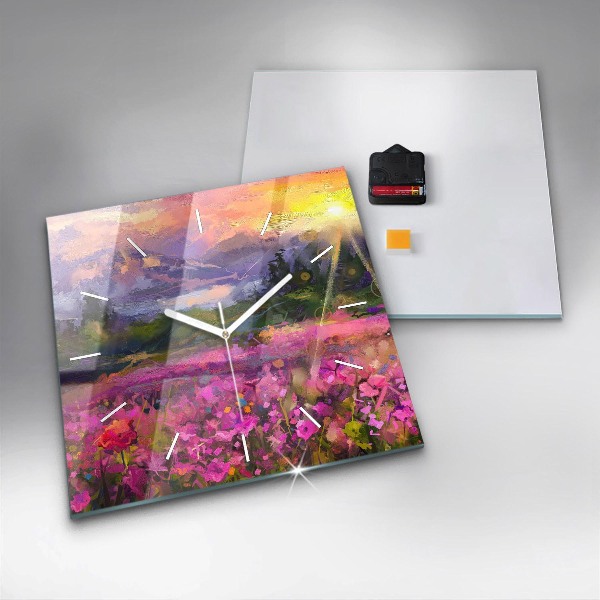 Square glass wall clock Meadow in the sunset