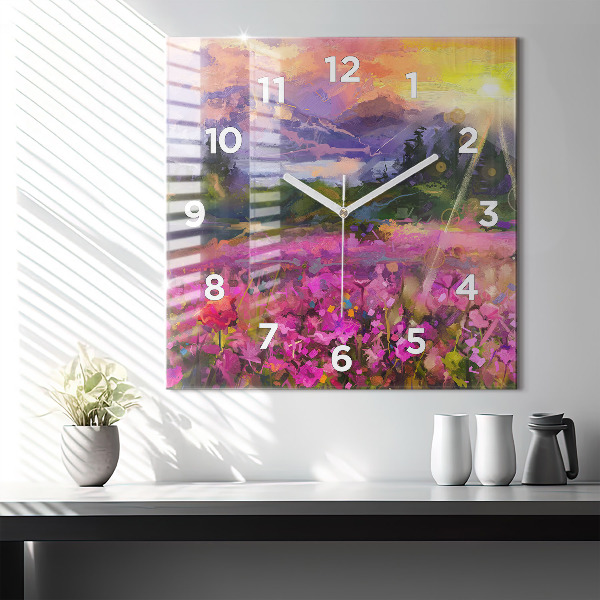 Square glass wall clock Meadow in the sunset