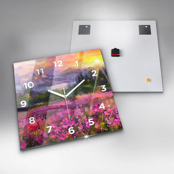 Square glass wall clock Meadow in the sunset