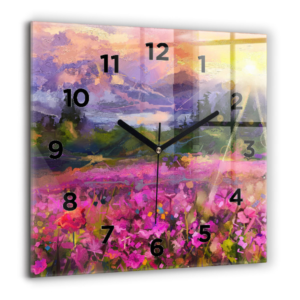 Square glass wall clock Meadow in the sunset