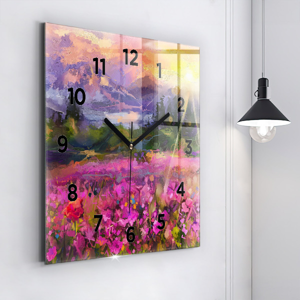Square glass wall clock Meadow in the sunset