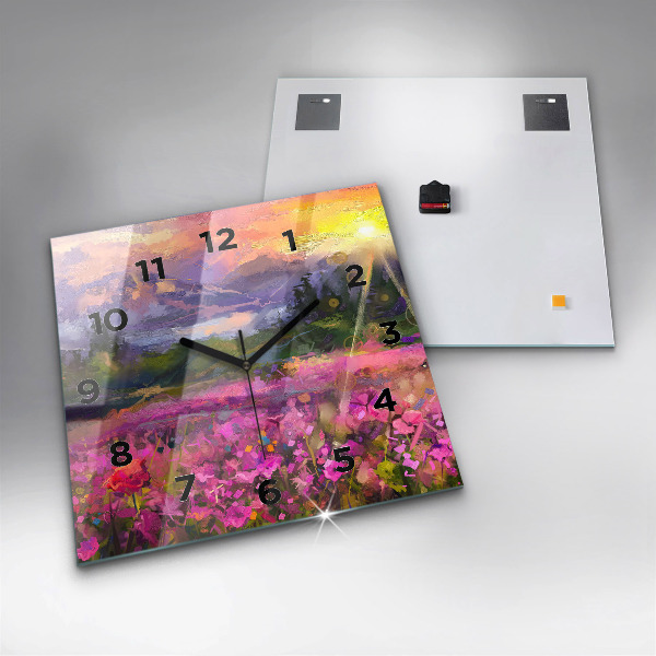 Square glass wall clock Meadow in the sunset