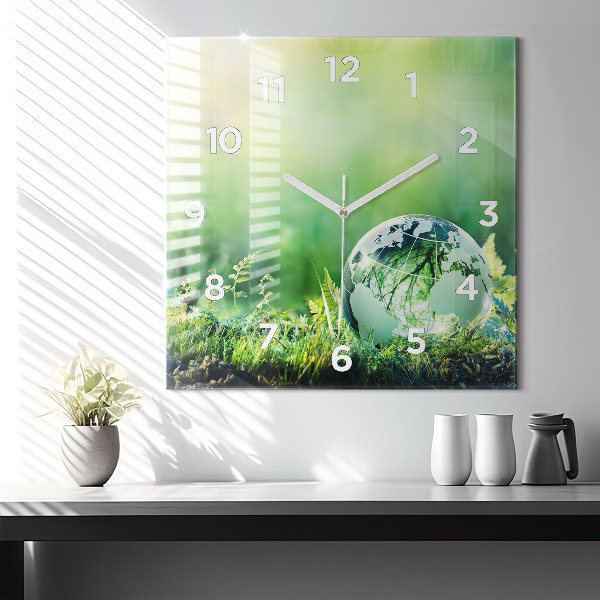 Square glass wall clock Globe