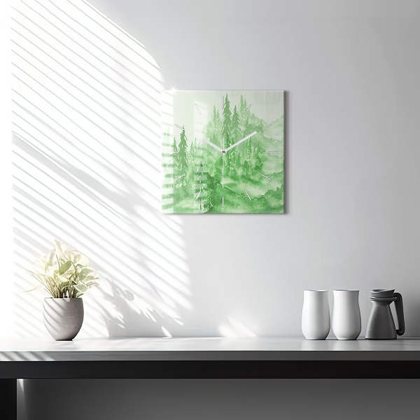 Square glass wall clock Painting green forest