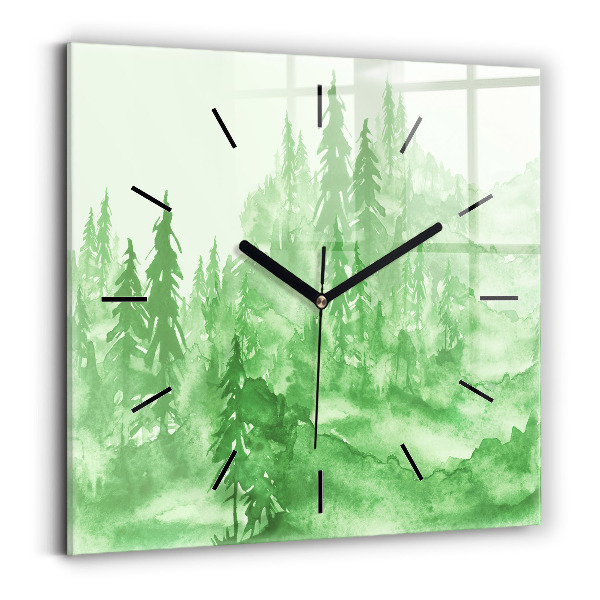 Square glass wall clock Painting green forest