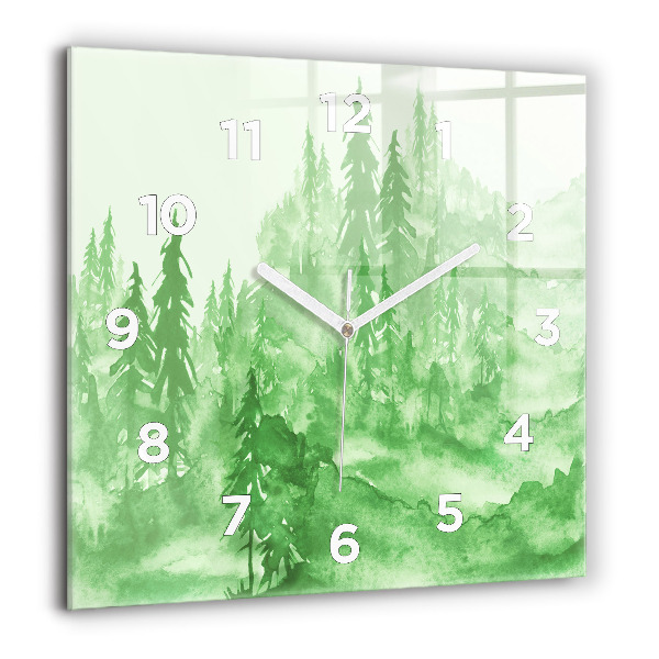 Square glass wall clock Painting green forest