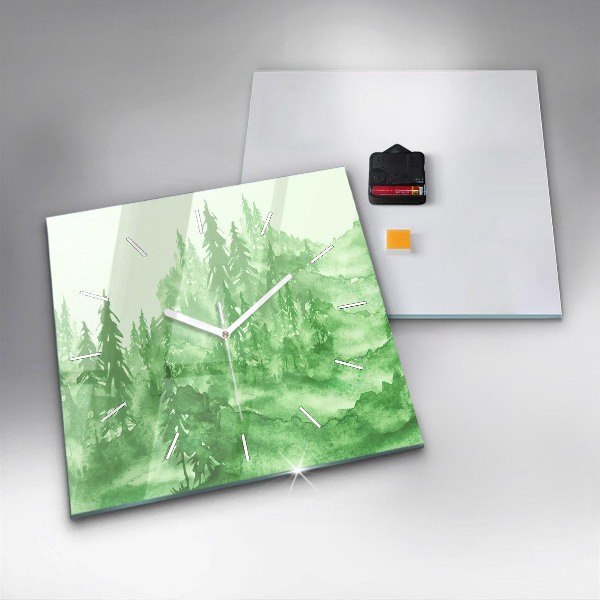 Square glass wall clock Painting green forest