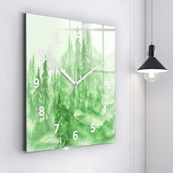 Square glass wall clock Painting green forest
