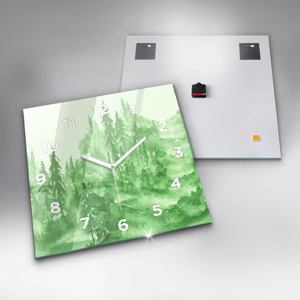 Square glass wall clock Painting green forest